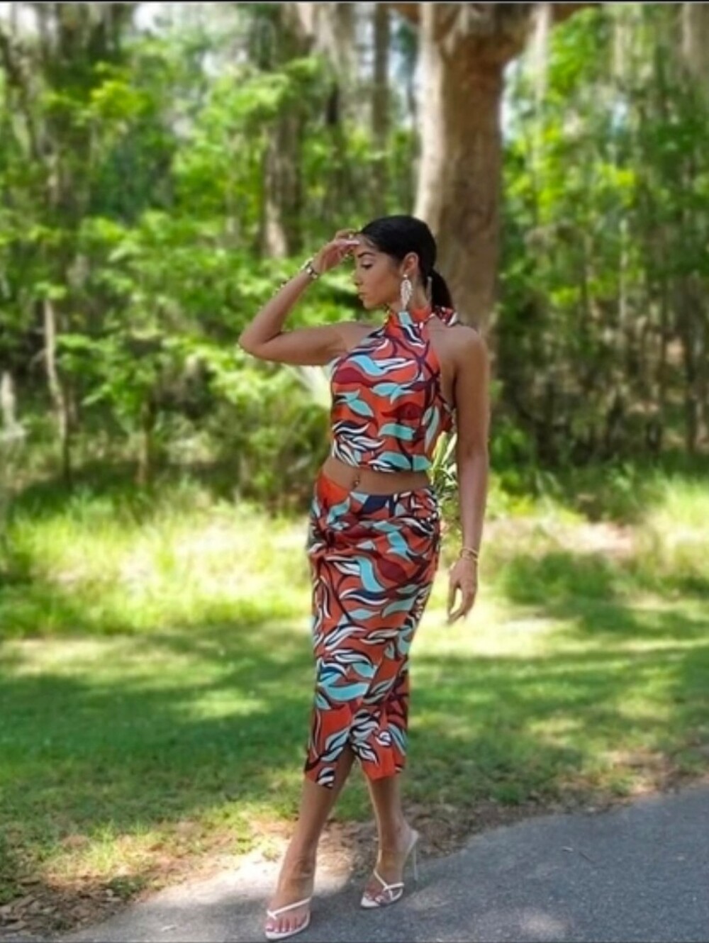 Sigrid Olsen Backless Two-Piece Dress in Orange, Blue and White